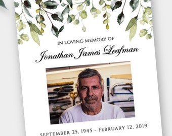 Greenery Funeral Program for Him, Men's Greenery Memorial Program, Memorial Service Template, Order Of Service Printable, Editable Program