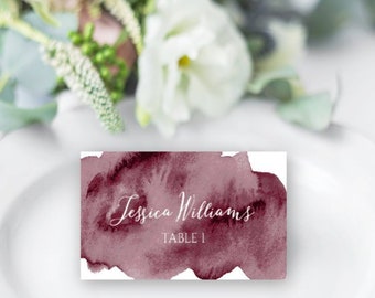 Burgundy Place Card Template for Wedding, Self Edit Watercolor Place Cards, Printable Place Cards, Tent Fold Place Cards, CUT + FOLD Cards