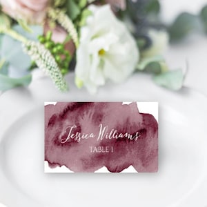 Burgundy Place Card Template for Wedding, Self Edit Watercolor Place Cards, Printable Place Cards, Tent Fold Place Cards, CUT + FOLD Cards