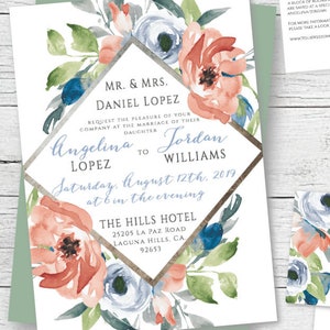 Blue and Coral Wedding Invitation Template Set, Blue Floral Wedding Invite Suite, Printable Coral Wedding Kit, Editable Download, WBBC