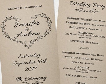 Kraft Wedding Program Template, Rustic Wedding Program with Heart, Kraft Printable Program, Instant Download, Editable Ceremony Program