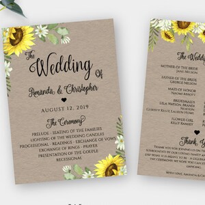 Sunflower Program Fan Template for Wedding, Rustic Fan Wedding Program, Printable Program Fan for Outdoor Wedding, Ceremony Program Template