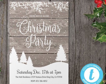 Rustic Christmas Party Invitation Template, Editable Holiday Party Invitation, Printable Work Christmas Party Invite, Faux Wood Party Invite