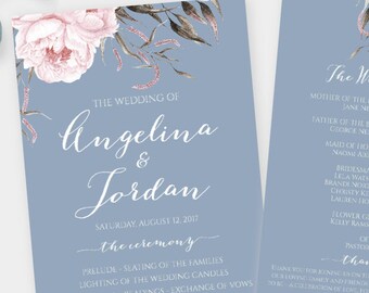 Dusty Blue & Blush Program Template for Wedding, Printable Floral Program Instant Download, Ceremony Program, Edit + Print Yourself, WBBB