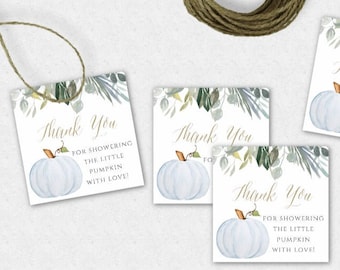 Pumpkin Favor Tag Template, Little Pumpkin Baby Shower Printable, Blue Watercolor Pumpkin, Fall Thank You Tag, Rustic Baby Shower, BPS