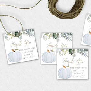 Pumpkin Favor Tag Template, Little Pumpkin Baby Shower Printable, Blue Watercolor Pumpkin, Fall Thank You Tag, Rustic Baby Shower, BPS