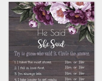 Rustic He Said She Said Game Template, Lavender Floral Bridal Shower Game, Purple Floral Bridal Shower, Edit + Download + Print, DIY,  WSRFP