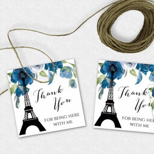 Blue Floral Paris Thank You Tag Template, French Birthday Tag, Floral Thank You Tag Editable Bridal Shower Tag Printable Baby Shower Tag BFP