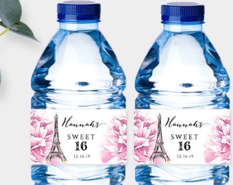 Paris Sweet 16 Water Bottle Label Template, Printable Water Bottle Label, Personalized Water Bottle Label, Downloadable Template, BSPP