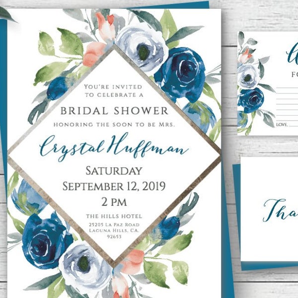 Navy Bridal Shower Invitation Instant Download, Printable Shower Template, Editable Floral Invite + Thank You Card + Advice Card WBF