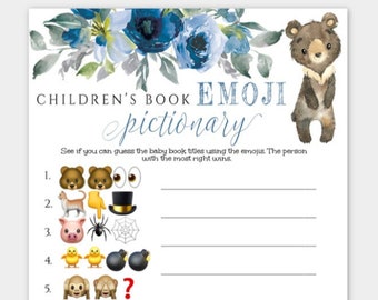 Children's Book Emoji Game Template, DIY Editable Bear Baby Shower Game, Printable Boy Baby Shower Game, Woodland Baby Shower Download BFBB