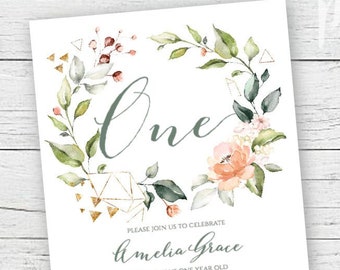 First Birthday Invitation, 1st Birthday Invitation, Floral Printable Invite, Girl Birthday, Boho Wreath Birthday Invite, Geometric Greenery