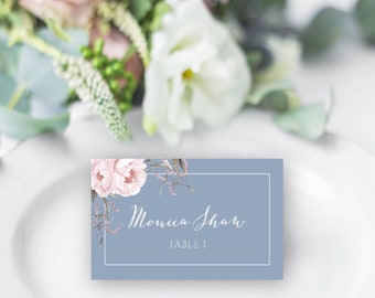 Dusty Blue Wedding Place Card Template, Blush Escort Cards, Printable Place Cards, Boho Place Cards, Tent Fold Place Cards, Self Edit, WBBB