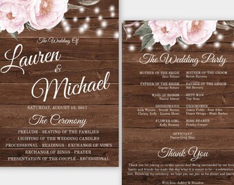Rustic Wedding Program Template with String Lights, Printable Blush Floral Program, Instant Download, Editable Ceremony Program, WBRF2