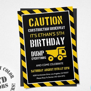 May include: A black and yellow construction themed birthday invitation with the text "Caution Construction Underway It's Ethan's 5th Birthday Dump Everything And Come Celebrate Saturday August 19th at 12pm 4289 Ambrester Drive, Los Angeles, CA 90017 Please Rsvp To Denise: 310-554-8712"