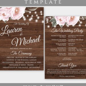May include: A rustic wedding program template with a woodgrain background and floral accents. The front features the names "Lauren & Michael" and the date "Saturday, August 12, 2017". The back includes the wedding party list and a thank you message.