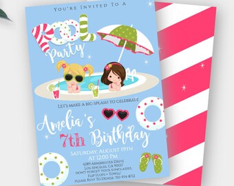May include: A blue and white pool party invitation with a cartoon illustration of two girls in a pool. The invitation says "You're invited to a Pool Party" and "Let's make a big splash to celebrate Amelia's 7th Birthday".