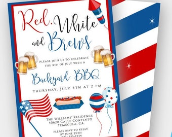 Modèle d'invitation barbecue rouge blanc et Brews Back Yard, invitation du 4 juillet, barbecue du 4 juillet, fête du 4 juillet, modèle modifiable, imprimable