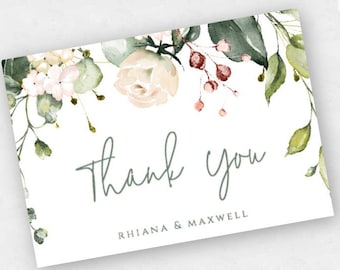 Greenery Thank You Card Template, Floral Wedding Thank You Cards, Printable Thank You Card, Instant Download, Editable Thank You Card, BSGF