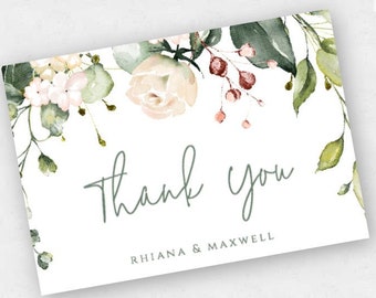 Greenery Thank You Card Template, Floral Wedding Thank You Cards, Printable Thank You Card, Instant Download, Editable Thank You Card, BSGF