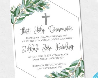 May include: A white card with a gray hexagon border and a watercolor illustration of green leaves and white flowers. The text on the card reads "First Holy Communion" and includes the name "Delilah Rose Harding". The card also includes the date and time of the event, "Sunday, June 18, 2018 at 12:00 noon", and the location, "Saint Augustine's Church".