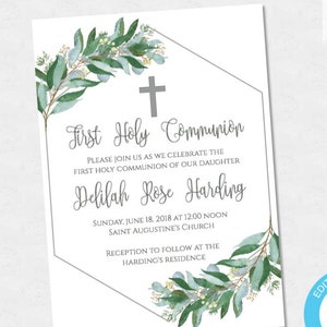 Silver Communion Invite, First Communion Invitation, Editable 1st Holy Communion Invitation, Printable Geometric Invite, Greenery Baptism