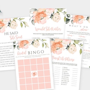 Peach Floral Bridal Shower Game Template Pack, Printable Wedding Shower Game Bundle, Boho Shower Game, Edit + Print Yourself, WSB2