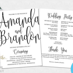 May include: A wedding program template with black script text on a white background. The program includes the names "Amanda and Brandon", ceremony details, and wedding party information. The text "Edit with Templett" is also visible.