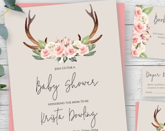 Boho Peach Rustic Floral Invitation Set, Editable Baby Girl Baby Shower Invitation Suite, Floral Antler Invitation, Pink Baby Shower Invite