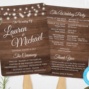 Rustic Lights Wedding Program Fan Template, Rustic Wedding Fan Program, Ceremony Program, Country Wedding Fans, Instant Download, WBRL4