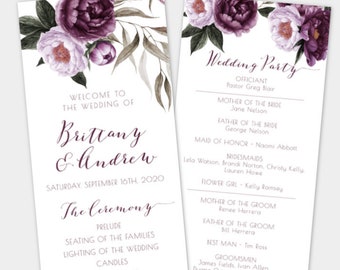 Purple Floral Wedding Program Template, Printable Tea Length Plum Floral Program, Ceremony Program, DIY Editable Wedding Program, WBPF