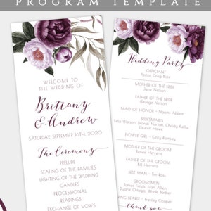 May include: Printable wedding program template with a floral design featuring purple and pink flowers. The template is 4.25 inches by 10.5 inches and is fully editable. The text includes the wedding ceremony order, wedding party names, and a thank you message.