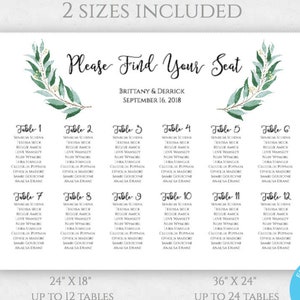 Greenery Wedding Seating Chart Template, Wedding Seating Chart Sign, Printable Seating Chart, Wedding Seating Plan, Editable Seating Chart