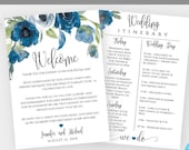 Blue Floral Wedding Itinerary Template Download, Printable Itinerary, Fully Editable Welcome Note & Wedding Timeline, Welcome Letter, WBBF
