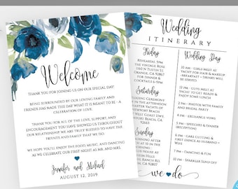 Blue Floral Wedding Itinerary Template Download, Printable Itinerary, Fully Editable Welcome Note & Wedding Timeline, Welcome Letter, WBBF