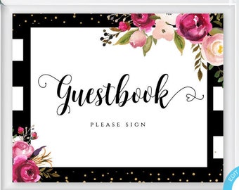 Bridal Shower Guestbook Sign Template, Kate Spade Guestbook Sign, Pink Floral Watercolor Sign, Instant Download Editable Template, WSKS