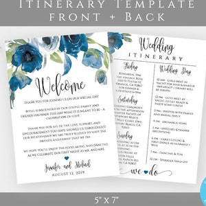 Blue Floral Wedding Itinerary Template Download, Printable Itinerary, Fully Editable Welcome Note & Wedding Timeline, Welcome Letter, WBBF