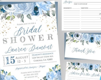 Blue Floral Bridal Shower Invitation Set with Recipe Card + Advice for the Bride and Thank You Card, Editable Template Instant Download BFWS