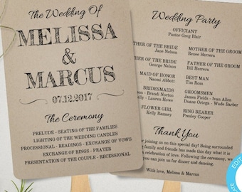 Rustic Wedding Ceremony Program Fan Template, Printable Wedding Fan, Editable Wedding Program Rustic, Digital Download Wedding Program Fan