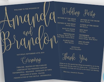 Navy Wedding Program Template, Printable Order of Service, DIY Ceremony Program, Wedding Instant Download, Editable Program, Templett, WBBG