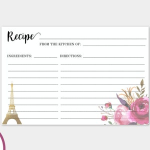 Paris Recipe Card Template, Bridal Shower Recipe Card, Printable Instant Download, Shower Recipe Card, DIY Bridal Recipe, WSPBW
