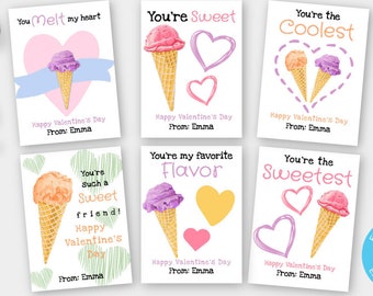 May include: Six printable Valentine's Day cards featuring ice cream cones with different messages. The messages include "You melt my heart", "You're sweet", "You're the coolest", "You're such a sweet friend", "You're my favorite flavor", and "You're the sweetest".