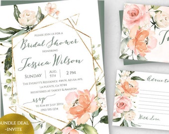 May include: A printable bridal shower invitation suite with a watercolor floral design in shades of peach, pink, and green. The invitation features a gold geometric frame and the text "Bridal Shower" and "Jessica Wilson". The thank you card features the same floral design and the text "Thank You". The advice card features the same floral design and the text "Advice to Cherish".
