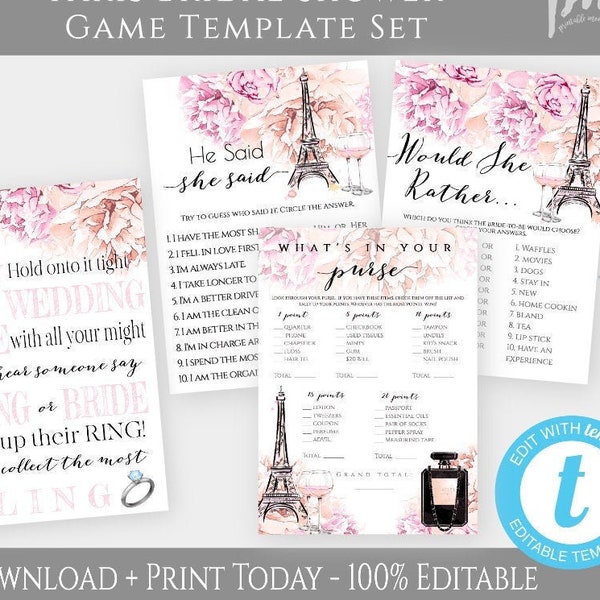 Paris Bridal Shower Game Template Pack, Printable Shower Game Bundle, Eiffel Tower Wedding Shower Game Set, Edit + Print Yourself, WSP