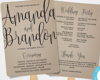 Rustic Wedding Program Fan Template, Calligraphy Script Printable Program, Instant Download, DIY Ceremony Program Fan, Editable Program WBCR