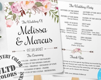 Pink Floral Watercolor Wedding Program Fan Template, Wedding Fan Template, Watercolor Program Fan, Instant Download, Ceremony Program, Edit