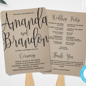 Rustic Wedding Program Fan Template, Calligraphy Script Printable Program, Instant Download, DIY Ceremony Program Fan, Editable Program WBCR