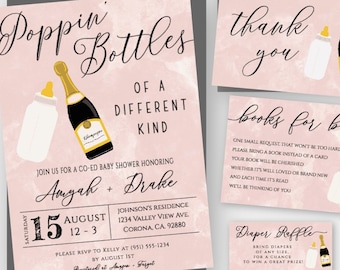 Couples Baby Shower Invitation Template Pink Poppin' Bottles Invite CoEd Baby Shower Editable Invitation DIY Poppin Bottles PDF Download