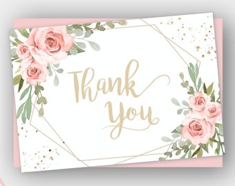 Blush Pink Floral Folding Thank You Card Template, Printable Watercolor Thank You, Gold Geometric Editable Template, Instant Download, BSBG