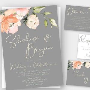 Gray + Peach Wedding Invitation Template Set with Watercolor Flowers, Boho Wedding Suite, DIY Gray Wedding Kit, Peach Floral Invite, WBPG2